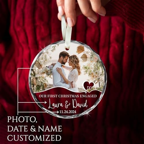 First Christmas Engaged Ornament 2025 – Custom Engagement Photo Ornament – Personalized Couple Gift with Name Date Picture – Romantic Holiday Keepsake