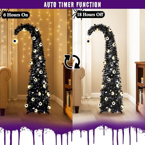 MACTING Whimsical Halloween Tree with Eyeball String Lights 5FT Black Pop Up Christmas Tree with 30 Eyeball Lights Collapsible Tinsel Pencil Curved Tree for Apartment Porch Indoor Outdoor Xmas Decor