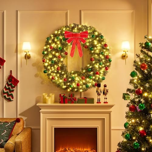 Yaheetech 48in Large Artificial Christmas Wreath, Pre-lit Holiday Accent Decoration with Red Bow, 200 LED Lights & 720 PVC Tips, Metal Structure for Door Wall & Mantel