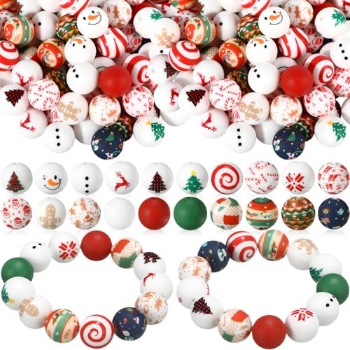 120 Pcs 15mm Silicone Beads Bulk Silicone Beads Print Rubber DIY Bracelet Making Kit for Keychain Making Pens Necklace Jewelry (Christmas)