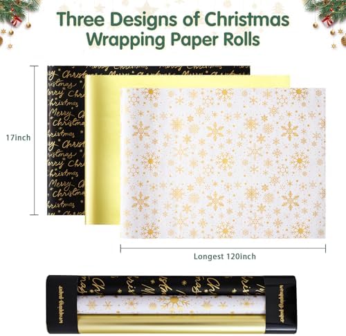 YANGTE Christmas Wrapping Paper Mini Rolls, 3 Rolls 17" x 120" Gift Wrapping Paper Christmas rolls, Holiday Wrapping Papers Black White Gold
