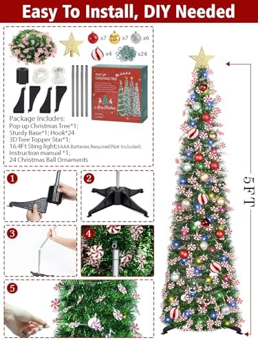 HMASYO 5 FT Pop Up Christmas Tree with Timer Lights and Decorations, Green Tinsel Christmas Tree with Candy and 24 Balls Ornament, Collapsible Pencil Tree Xmas Decoration for Home, Office, Party