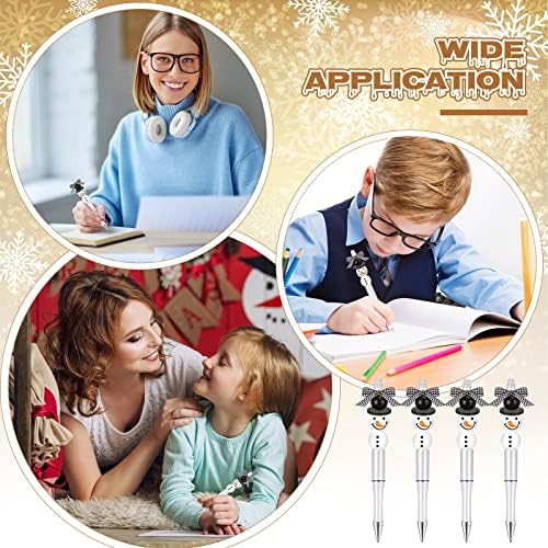 Beadable Pens Bulk Winter Bead Pens and Snowmen Wooden Beads Buffalo Plaid Ribbon Snowman Ballpoint Pens Plastic Black Ink Pen Winter Gifts for Christmas Kids Students School Office Supplies (51 Pcs)