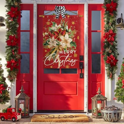 AVOIN colorlife Floral Merry Christmas House Flag 28x40 Inch Double Sided Outside, Christmas Flowers Winter Holiday Yard Outdoor Decorative Flag