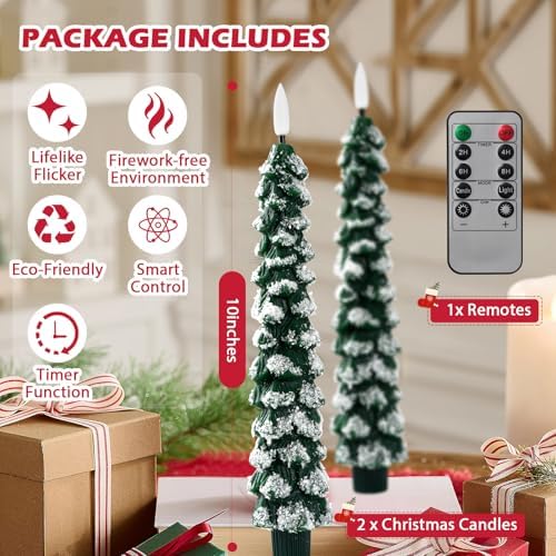 Flameless Christmas Tree Candles with Remote – 2 Pack LED Snowy Tree Battery Operated Candles, Realistic Flickering Flame, Safe Holiday Home Decor for Christmas Decorations & Gifts
