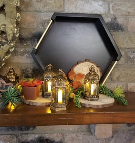 Mini Lantern with Flickering LED Candles Set of 10, Hewory Gold Vintage Decorative Hanging Candle Lanterns for Halloween, Christmas, Wedding Decorations, Party, Table Centerpiece, Battery Included