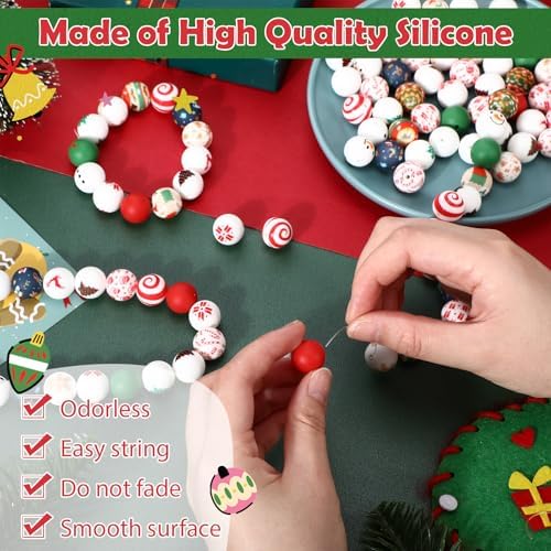 120 Pcs 15mm Silicone Beads Bulk Silicone Beads Print Rubber DIY Bracelet Making Kit for Keychain Making Pens Necklace Jewelry (Christmas)