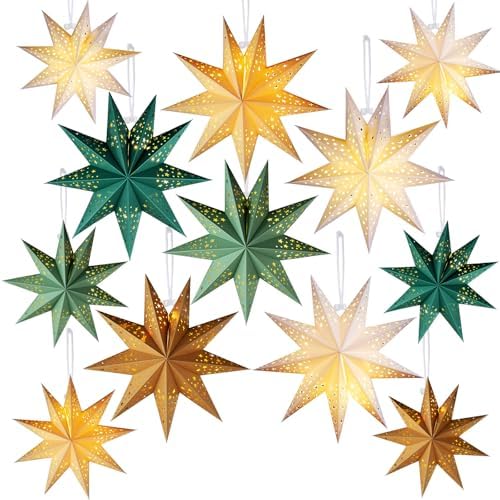 12 Pcs Christmas Paper Star Lantern 7/8/9 Points Sage Green Hanging Ornament 3D Neutral Star Lantern with String Light 12 and 17.72 Inch Hollow Lampshade for Xmas Party Decor(9 Pointed)