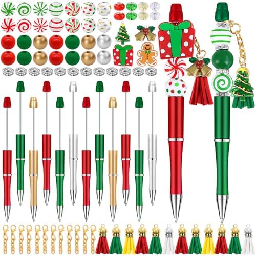 12 Set Christmas Beadable Pens Plastic Bead Pens Winter Gingerbread Man Bulk Ballpoint DIY Crafting Pens Making Kit with Pendants Lobster Clasps for Students Teens School Office Supplies