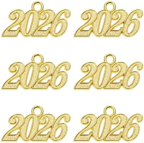Shapenty Metal Year Signet 2026 DIY Pendant Charms for Graduation Tassels Bracelet Necklace Earrings Keychain Zipper Pulls Cellphone Craft Jewelry Making Christmas Party Decoration, 6PCS
