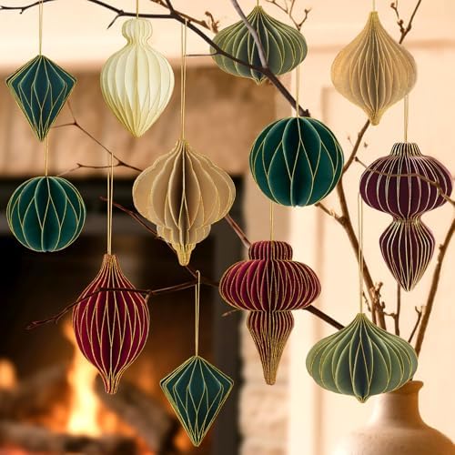 12Pcs Christmas Paper Honeycomb Ornaments for Tree, 3D Glitter Edge Paper Honeycomb Lanterns Foldable Neutral Hanging Decorations for Xmas Tree New Year Holiday Party Home Decor, Red Green Beige