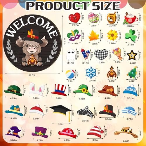35 Pcs Christmas Interchangeable Highland Cow Welcome Sign Highland Cow Seasonal Wooden Hanging Door Decor Thanksgiving Farmhouse Hanging Sign for Front Door Xmas Party Decoration Gift