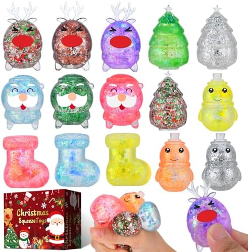 15 Pack Christmas Stress Ball Fidget Toys, Slow Rising Squishy Toys Glitter Squeeze Balls Stress Relief for Kids Girls Boys Christmas Party Favors Stocking Stuffers Fillers Gifts