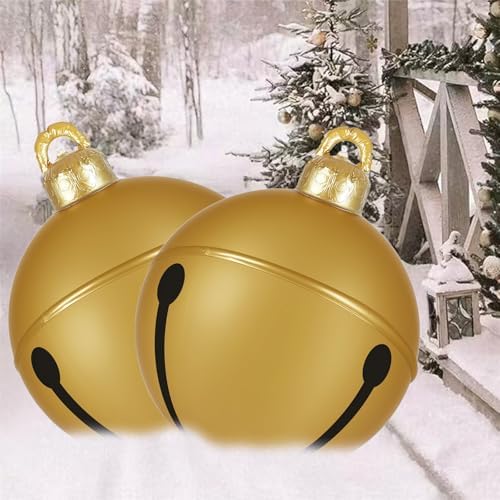 2 Pcs Giant Inflatable Christmas Balls, 24IN PVC Jingle Bell Large Outdoor Indoor Christmas Ornaments,Oversized Blow Up Balls for Garden Yard Patio Decorations (24 Inch Gold, 2)