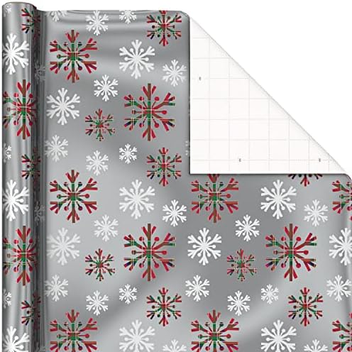 Hallmark Foil Christmas Wrapping Paper with Cut Lines on Reverse (3 Rolls: 60 sq. ft. ttl) Plaid Snowflakes, Snowmen, Red, Green and Blue Plaid