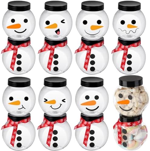 12 Pcs Plastic Candy Jars for Christmas Party Favors Snowman Christmas Candy Jars with Lids,Stickers,Ribbon Clear Xmas Cookie Jar Container Chocolate Storage Jar for Marshmallow Gift