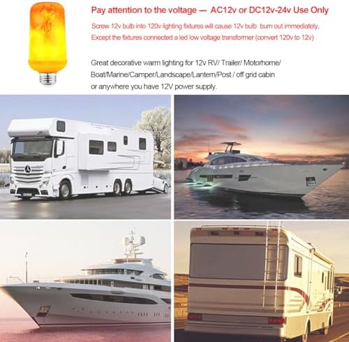 2-Pack DC12V LED Flame Light Bulb Low Voltage AC/DC12V E26 Edison Bulb Orange Fire Flickering Lights for Halloween/Christmas/RV/Outdoor Landscaping/Battery Powered Lighting