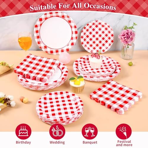 150Pcs Gingham Party Supplies Red Gingham Paper Plates and Napkins Red Plaid Party Plates Disposable Red and White Checkered Plates for Christmas Birthday Family Picnic，Serves 50