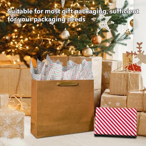 Bobobag 150 Sheets 20"X14" Christmas Tissue Paper for Gift Bags Party Decoration, Red, Green, White, Red Diagonal, Merry Christmas Wrapping Paper