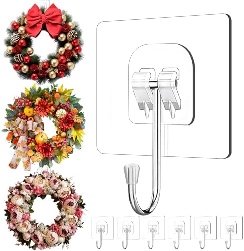 Wreath Hangers for Front Door, 6 Pack Large Wreath Door Hanger for Easter Christmas Halloween-Decorations, Heavy Duty Over-The-Door-Hooks, Adhesive-Wall-Hooks for Garland Home-Decor Inside Outside