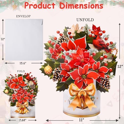 Pop Up Christmas Cards with Lights and Music, 12 inch Paper 3D Poinsettia Bouquet Design, Musical Xmas Flower Popup Greeting Card with Note Card & Envelope for Christmas Holiday Decoration