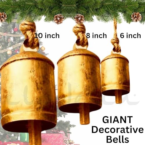Giant Decorative Cow Bells Set of 3 Huge Christmas Bells for Decoration - XL Vintage Harmony Cowbells Rustic on Jute Rope Hanging Gold Tibetan Lucky Charm (6"-8"-10")