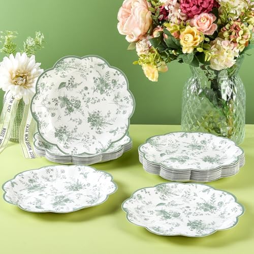 Sage Green Floral Leaf Disposable Paper Plates - Wildflower Green Toile 7" Scalloped Rim Dessert Plates for Christmas, Birthday, Bridal & Tea Parties (48)
