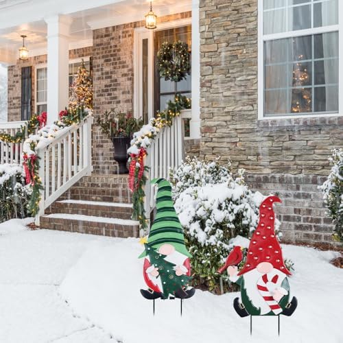 YEAHOME Outdoor Christmas Decorations, 2 Pack Gnomes Decorative Garden Stakes for Christmas Decor, Metal Yard Signs Xmas Decorations for Outside Garden Yard Lawn Porch Holiday Party