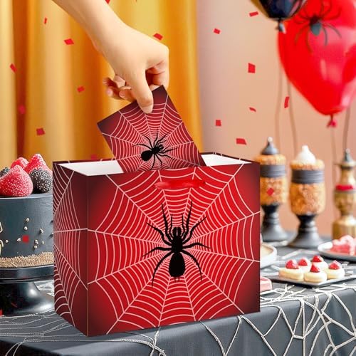 Yomaiha Spider Birthday Gift Bag Spider Party Paper Bags with Handles Tissue Paper and Card Red Black Webs Wrapping Bag Red Blue Party Decorations for Boys Men Birthday Christmas Supplies