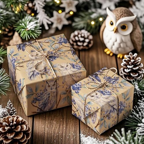 WRAPAHOLIC 30 Inch Jumbo Kraft Christmas Wrapping Paper - 30 Inch x 33 Feet - Owl Wrapping Paper Wild Animal Winterfall Watercolor Design for Christmas, Holiday, Party Celebration