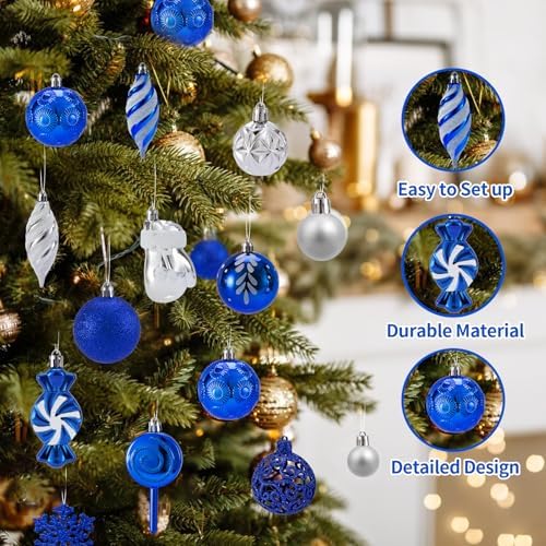 130 Pcs Christmas Ball Ornaments, Christmas Tree Decoration Set Red Christmas Ball Shatterproof Hanging Ornament Decorations for Christmas Tree, Wreaths, and Outdoor Displays(Blue)