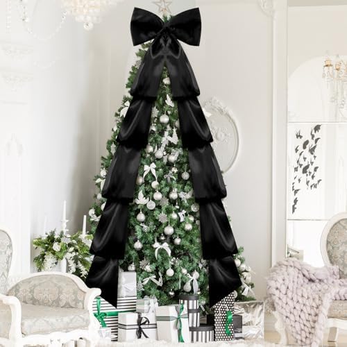 118x28 Inch Extra Large Christmas Tree Topper Bow Christmas Giant Satin Bow Decoration with Long Streamers Huge Oversized Topper Decor for Xmas Tree Holiday Party Door Wall(Black,Satin)