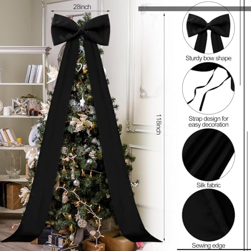 118x28 Inch Extra Large Christmas Tree Topper Bow Christmas Giant Satin Bow Decoration with Long Streamers Huge Oversized Topper Decor for Xmas Tree Holiday Party Door Wall(Black,Satin)