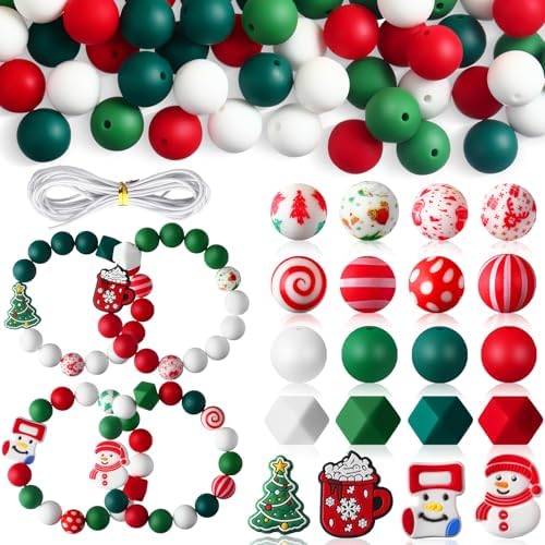 100PCS Christmas Silicone Focal Beads - Bulk 15mm Silicone Beads for DIY Crafts Keychain & Bracelet Making Kit