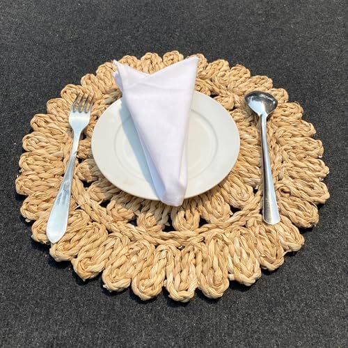 13.8" Round Corn Husk Placemats | Boho Woven Rattan Table Mats | Natural Spring Farmhouse Plate Chargers | Handmade Rustic Wicker Place Mats for Christmas Wedding (Set of 6)
