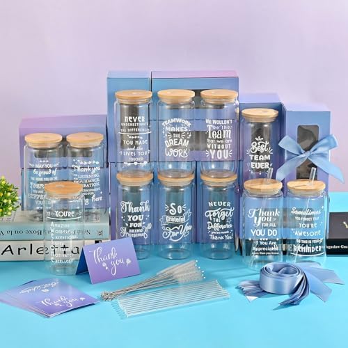 12 Set Employee Appreciation Gifts Bulk, Personalized Inspirational Thank You Gifts for Christmas Staff Coworker 16 oz Can Shaped Beer Glass Cups, Gift Box and Card for Team Women Men Teacher