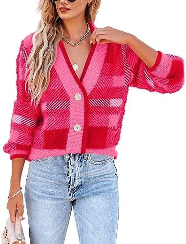 Imily Bela Womens Cardigan Sweaters Plaid Fuzzy Knit V Neck Button Down Long Sleeve Cozy Cardigans Pullover Tops