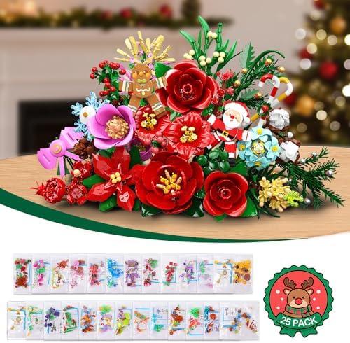 CUBIMANA 25 Pack Christmas Flower Bouquet Building Set with Light - Flowers Botanical Collection Rose Santa Gingerbread Man Artificial Plant Home Decor Party Favor Christmas Gifts for Adults Kids 12+