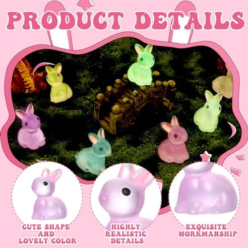 140Pcs Mini Resin Luminous Bunnies Glow in Dark Resin Rabbit Figures for Fairy Garden Luminous Mini Portrait Fairy Garden DIY Christmas Party Ornament Accessories Charms Party Favors