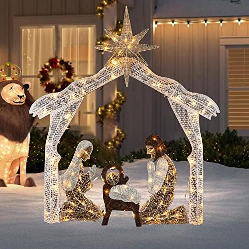 Hourleey 4FT Lighted Christmas Nativity Scene, Christmas Outdoor Decorations with 120 Count Pre-lit Warm White Lights, Holy Family for Xmas Outside Yard Garden Holiday Decor