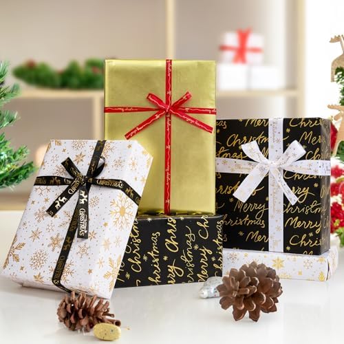 YANGTE Christmas Wrapping Paper Mini Rolls, 3 Rolls 17" x 120" Gift Wrapping Paper Christmas rolls, Holiday Wrapping Papers Black White Gold