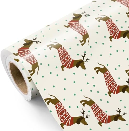 WRAPAHOLIC Dog Christmas Wrapping Paper - Mini Roll - 17 Inch x 16.5 Feet - Chritsmas Dachshund Dog Wrapping Paper for Xmas Holiday, Party Celebration