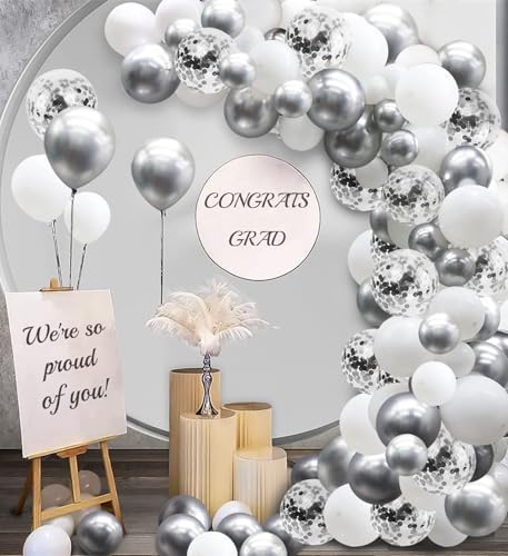 White and Silver Balloons Garland Arch Kit 5"10 Inch 12" White Silver Metallic Confetti Latex Balloons Arch Set for Christmas Winter Wonderland Birthday Baby Shower Wedding Party Winter Decor