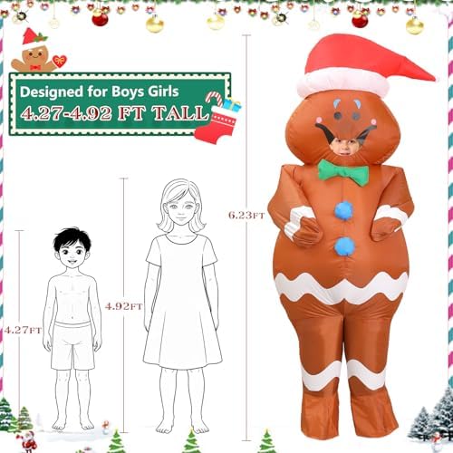 Gingerbread Costume Kids,Ages 9-12 Inflatable Christmas Costume,Funny Blow up Christmas Character Ginger bread man Costumes for Boy Girl Children,Xmas Holiday Cosplay Party Blowup Onesies Outfit Suit
