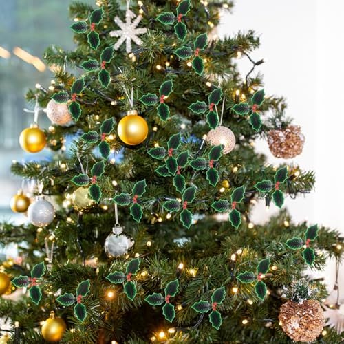 XunYee 48 Pcs Lacquered Holly Picks Artificial Red Holly Berry Stems with Leaves Christmas Holiday Mini Holly Leaves Decorations for Home Christmas Holiday Party Crafts Decoration Gifts