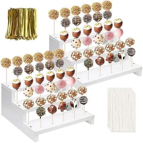 2Pcs Wood Cake Pop Display Stand, White Lollipop Holder 3 Tier with Twist Ties Lollipop Sticks, 33 Holes Sucker Storage Rack for Dessert Table of Wedding Birthday Party Christmas Day (B)