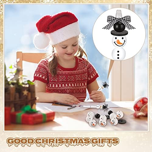 Beadable Pens Bulk Winter Bead Pens and Snowmen Wooden Beads Buffalo Plaid Ribbon Snowman Ballpoint Pens Plastic Black Ink Pen Winter Gifts for Christmas Kids Students School Office Supplies (51 Pcs)