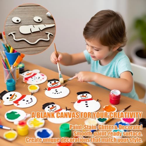 10-Set Unfinished Wood Snowman Face for Craft Kit - Paintable Wooden DIY Supplies with Eyes, Nose & Mouth - Christmas Ornament Supplies, Holiday Craft Decorations for Kids & Adults