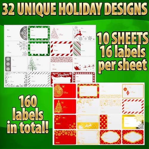 160 Pack Christmas Name Tag Stickers Present with Gold & Silver Foil, 3"x2" 32 Assorted Patterns of to from Christmas Labels Gift for Kids, Adults, Family, Friends, and Business.
