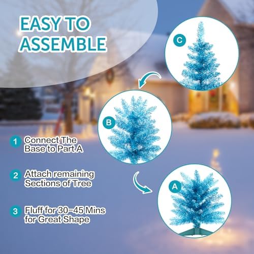 4ft Lighted Artificial Blue Christmas Tree，Small Snowy Artificial Xmas Tree, Not Pre-lit White Tinsel Pine Trees with Lights for Small Spaces, Office Lobby & Winter Wedding Centerpiece